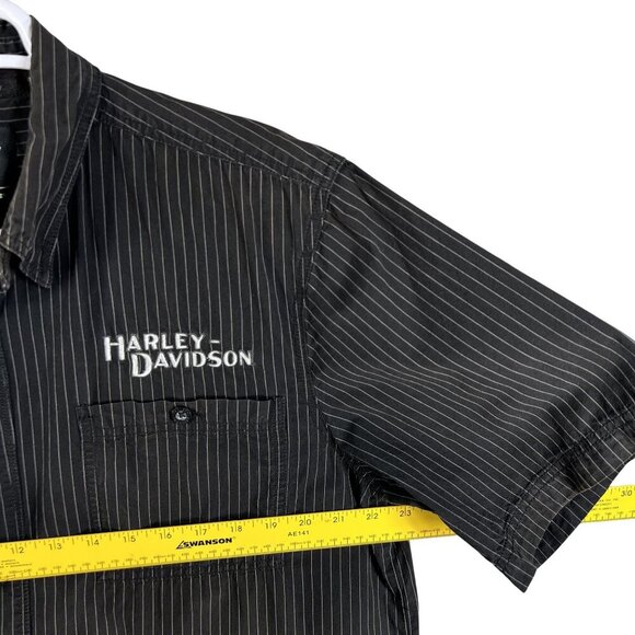 Harley-Davidson Mens L Black Striped Short Sleeve Button-Up Mechanic Shirt Biker - Picture 12 of 16